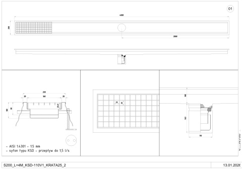Odpływ liniowy na zamówienie S200, L=4 m, KSD_110V1, K25_2